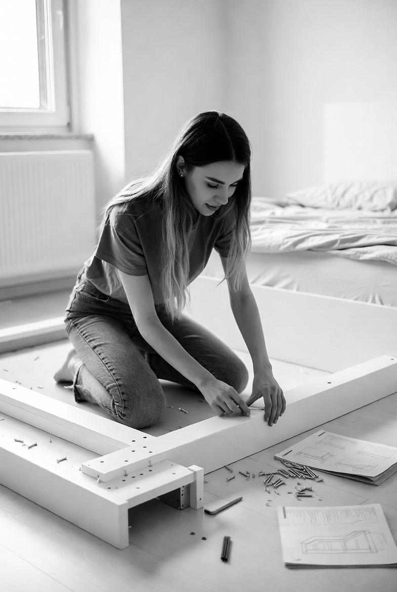 Person assembling an IKEA bed frame on the floor with instructions and screws spread out nearby