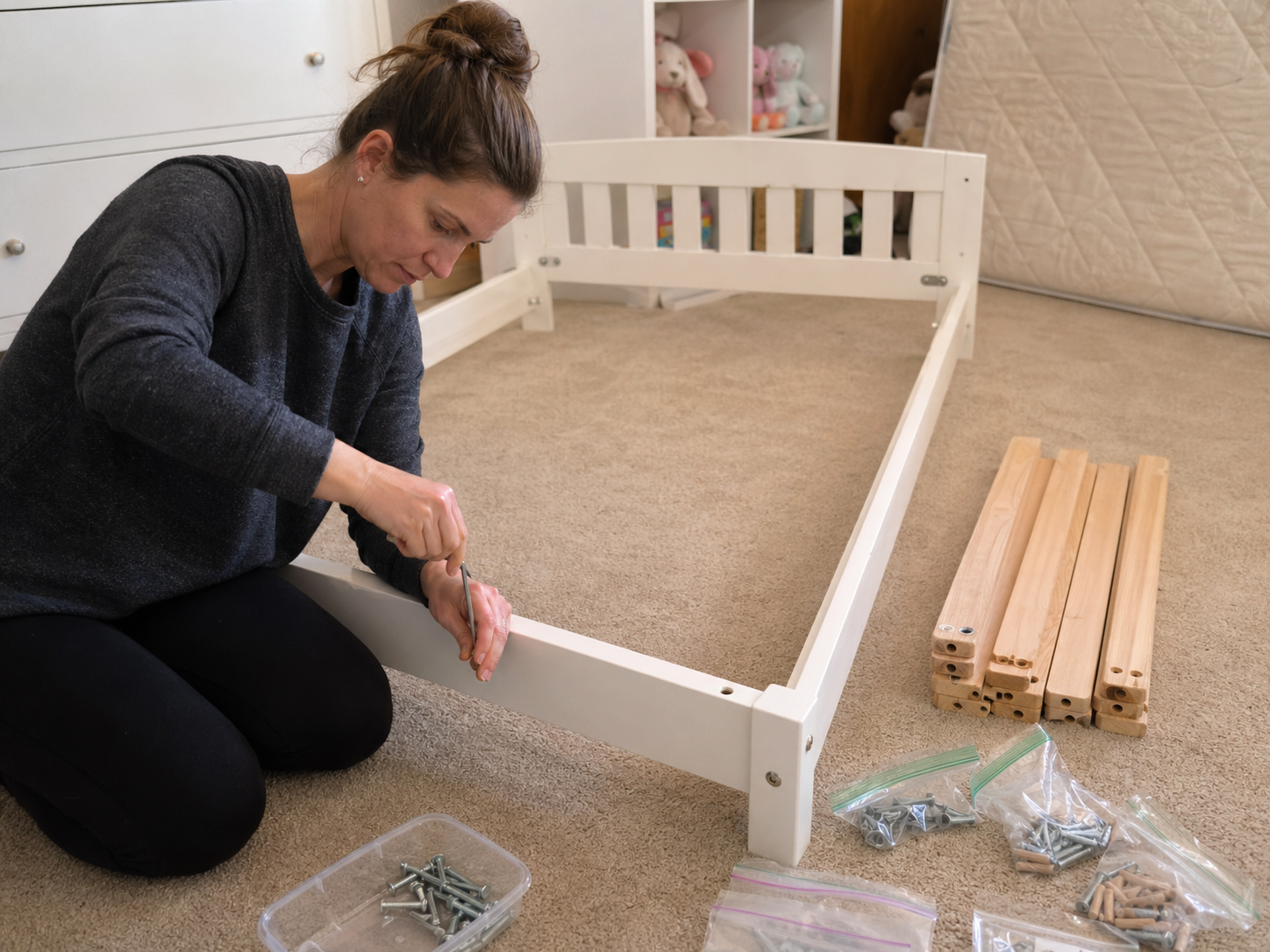 Bed frame mid-assembly — headboard and rails being joined