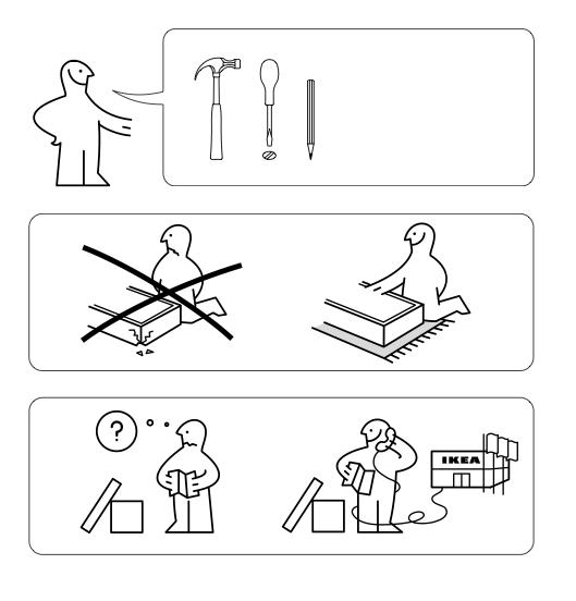 IKEA instruction manual page showing tools required and safety notes before assembly