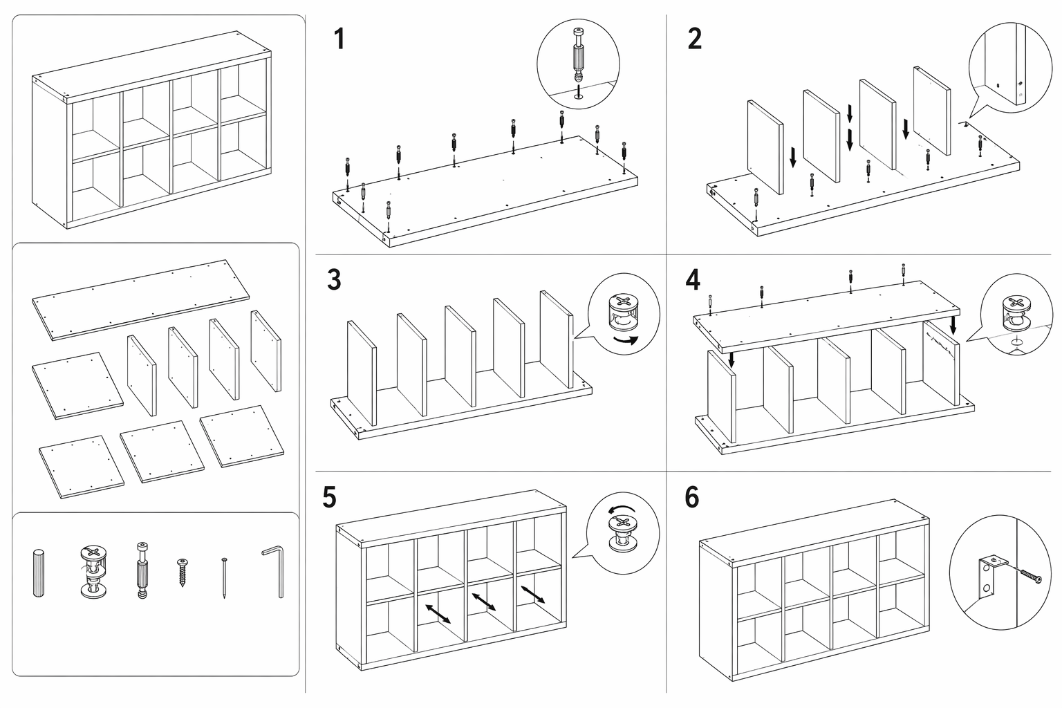 KALLAX step-by-step assembly diagram — 6 stages from parts to finished unit