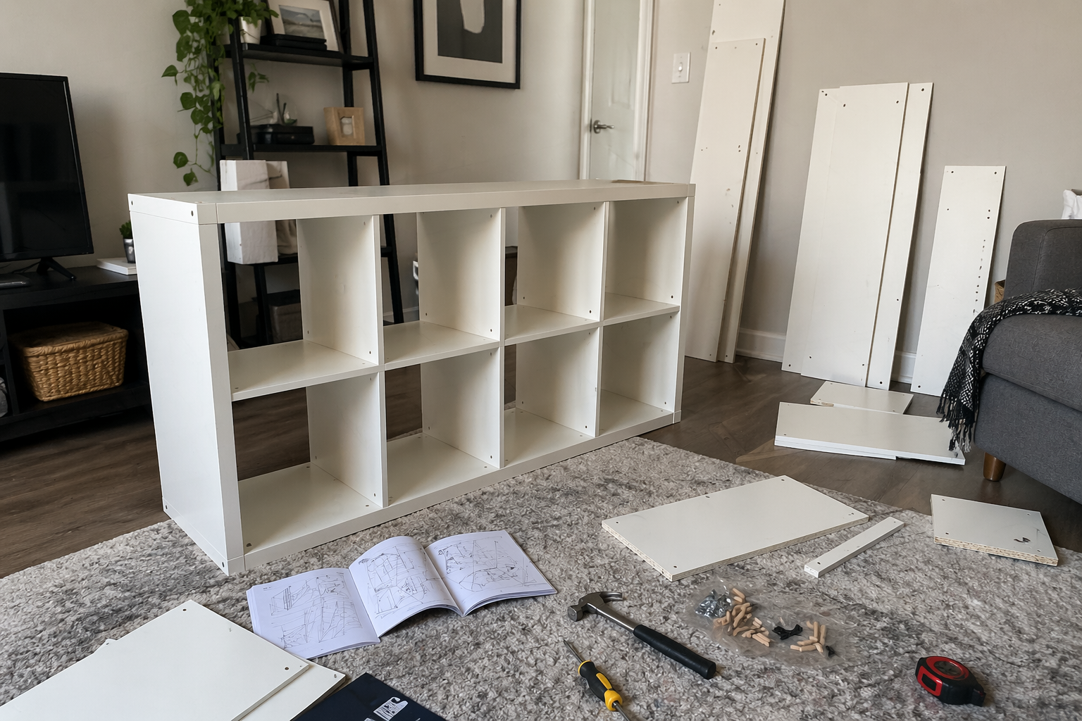 KALLAX shelf unit mid-assembly in a living room — panels connected, screwdriver on floor