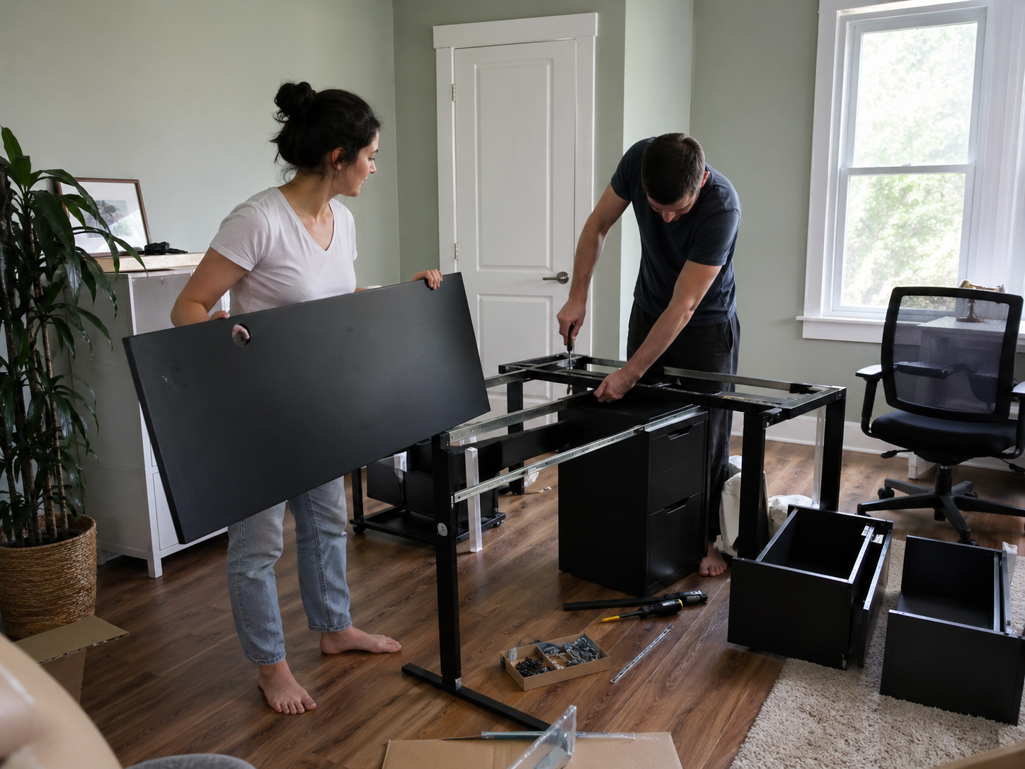 Two people working together to assemble a large piece of furniture — one holds the panel while the other fastens it