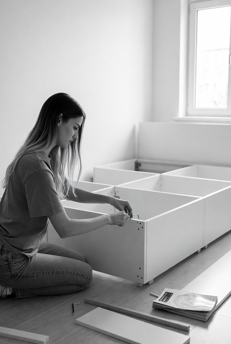 Person assembling a white IKEA shelving unit on the floor, instructions open beside them